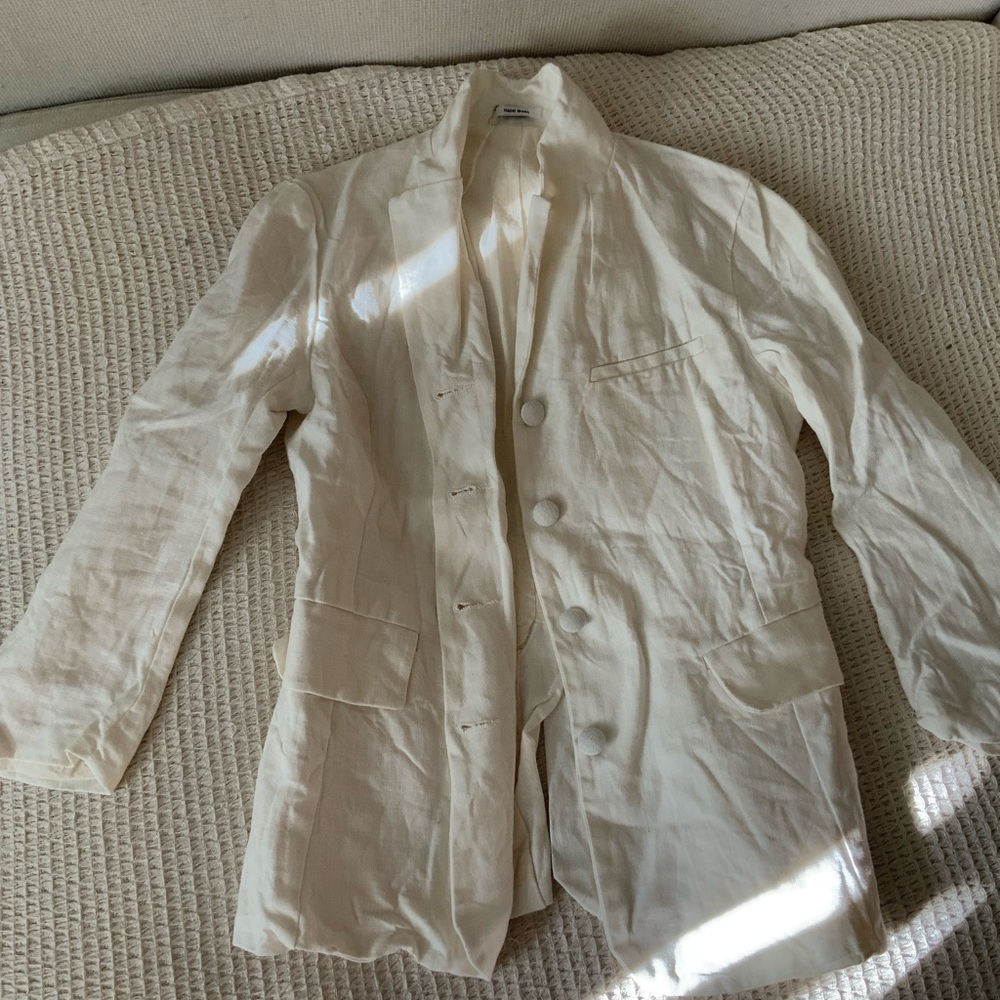 Free People x Hazel Brown Linen Cotton White Blazer Jacket Blouse Top Organic